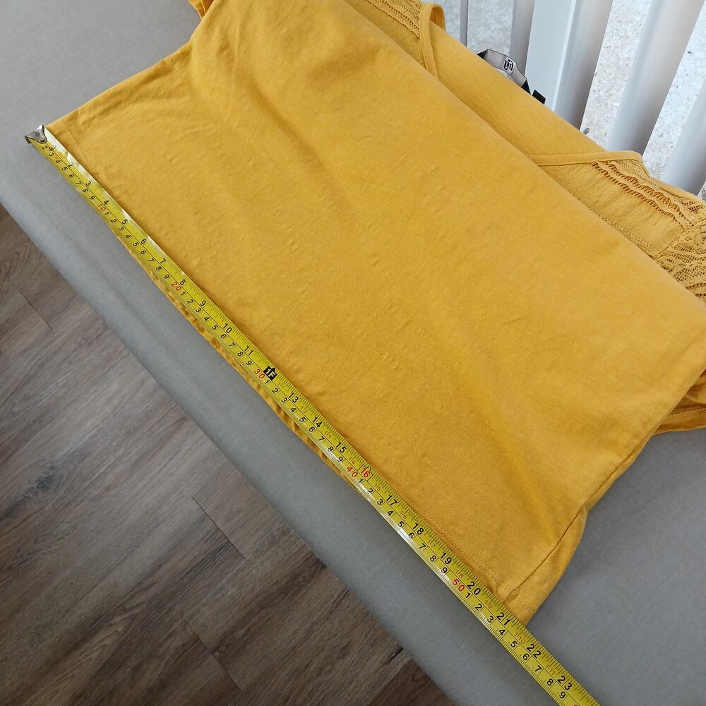 Fig Mustard Yellow Lace Yoke T-shirt XL short sleeve tee cotton blouse top - Picture 10 of 11